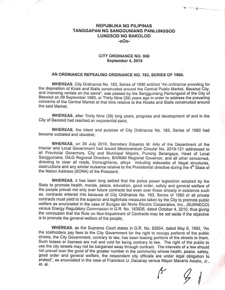 Page 1 of the City Ordinance 908, Series of 2019.  Intended for vendors and market stall owners.