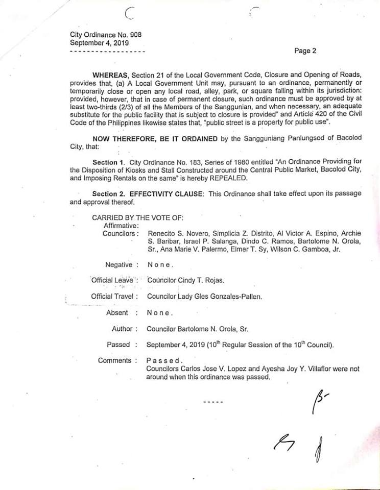 Page 2 of the City Ordinance 908, Series of 2019. Intended for vendors and market stall owners.