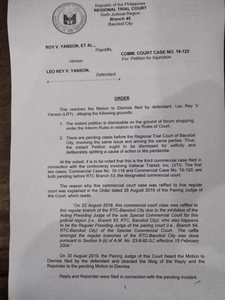 The following pages contain the RTC decision junking the petition for injunction filed by the eldest Yanson sibling against clan matriarch Olivia and younger brother Leo Rey. A copy of the decision was furnished to DNX. 