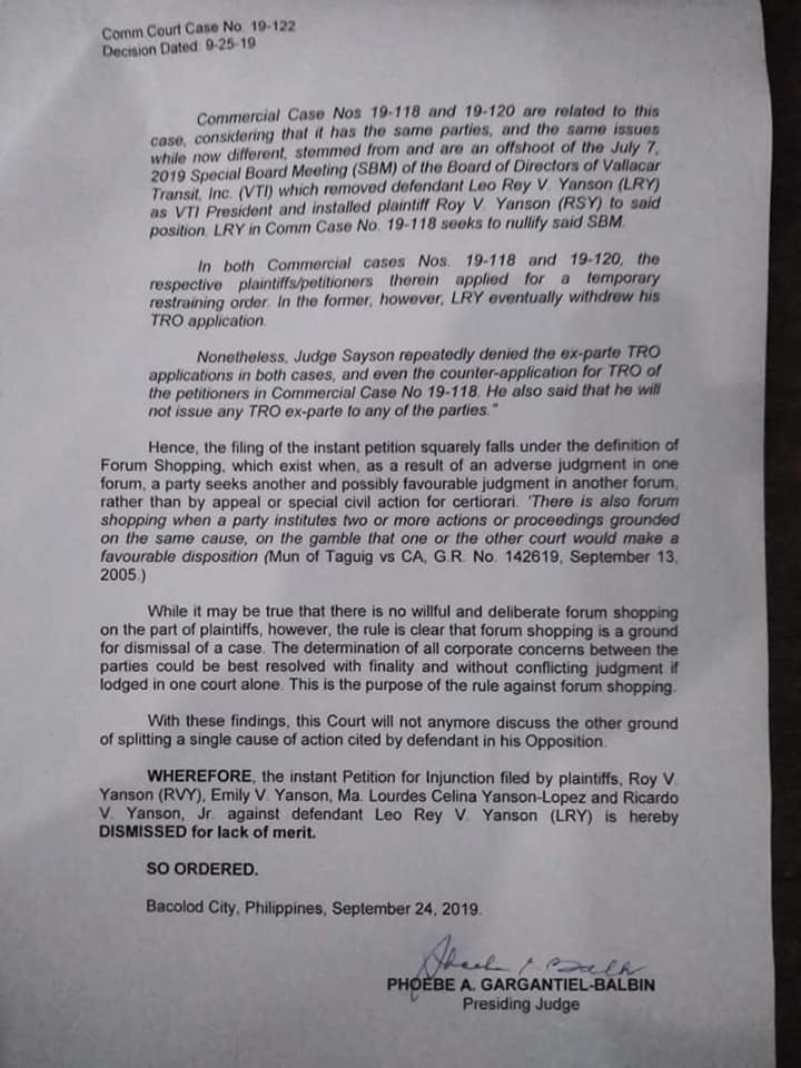Second page of the RTC decision junking the petition for injunction filed by the eldest Yanson sibling against clan matriarch Olivia and younger brother Leo Rey. A copy of the decision was furnished to DNX. 