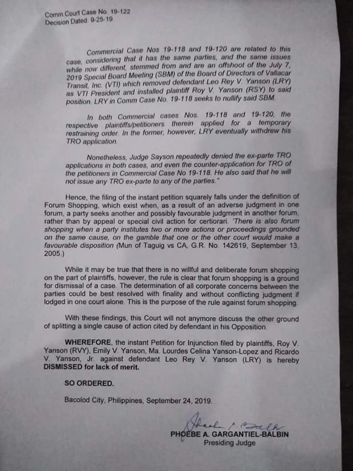 Second page of the RTC decision junking the petition for injunction filed by the eldest Yanson sibling against clan matriarch Olivia and younger brother Leo Rey. A copy of the decision was furnished to DNX.