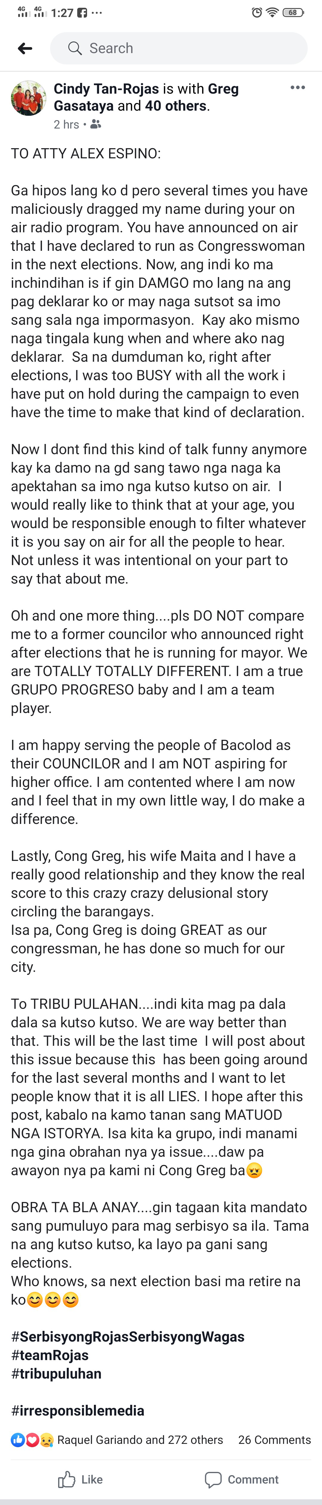 Screencap of Councilor Cindy Rojas' facebook post. | Screencap by Richard D. Meriveles