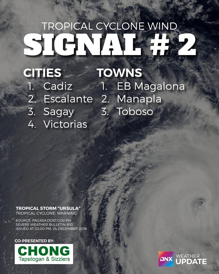 Towns and cities under signal #2 in Negros Occidental as typhoon Ursula barrels into Eastern Visayas. Source: PAGASA 