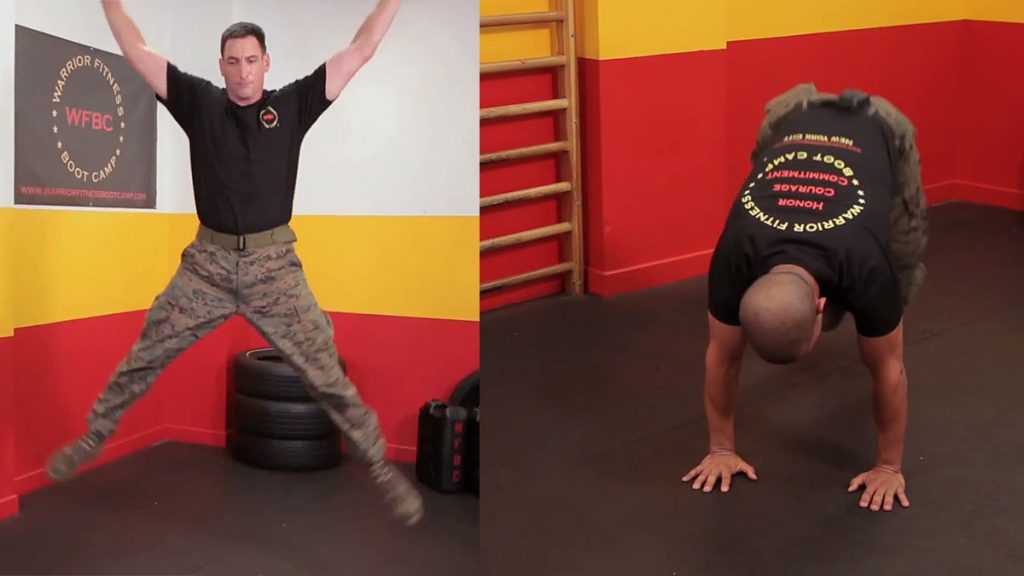 A demonstration of star jumps and burpee exercises. | Photo remix from Howcast.com's Youtube channel.