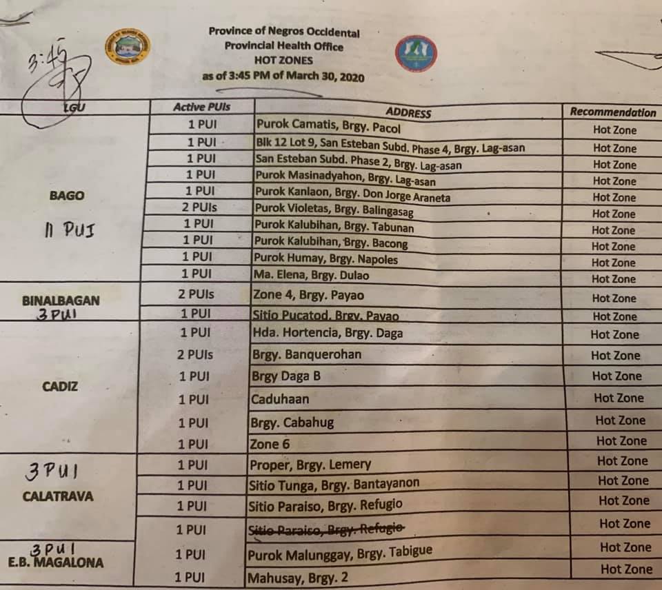 The original hot zone list Capitol released to media 30 March 2019.