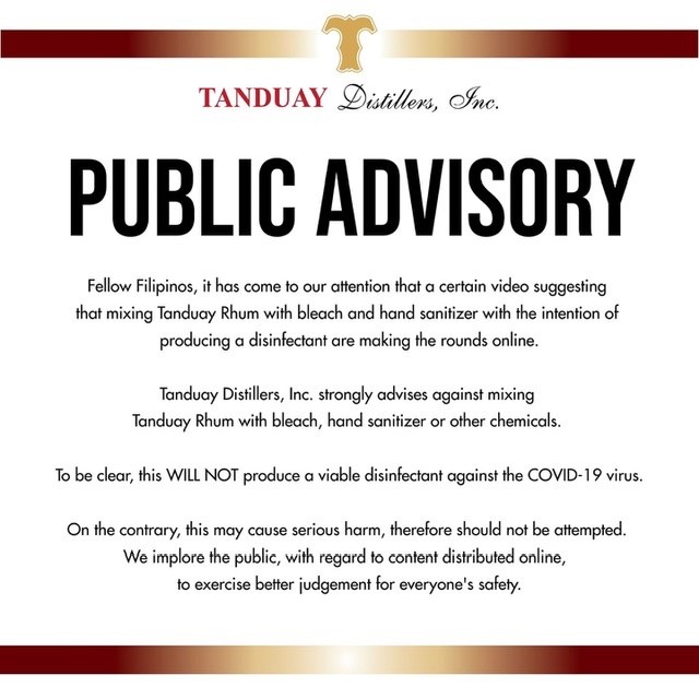 diy: do-it-yourself or damage and injure yourself? what works and what doesn’t in fight against covid-19 2 Tanduay advisory after DIY video started circulating.