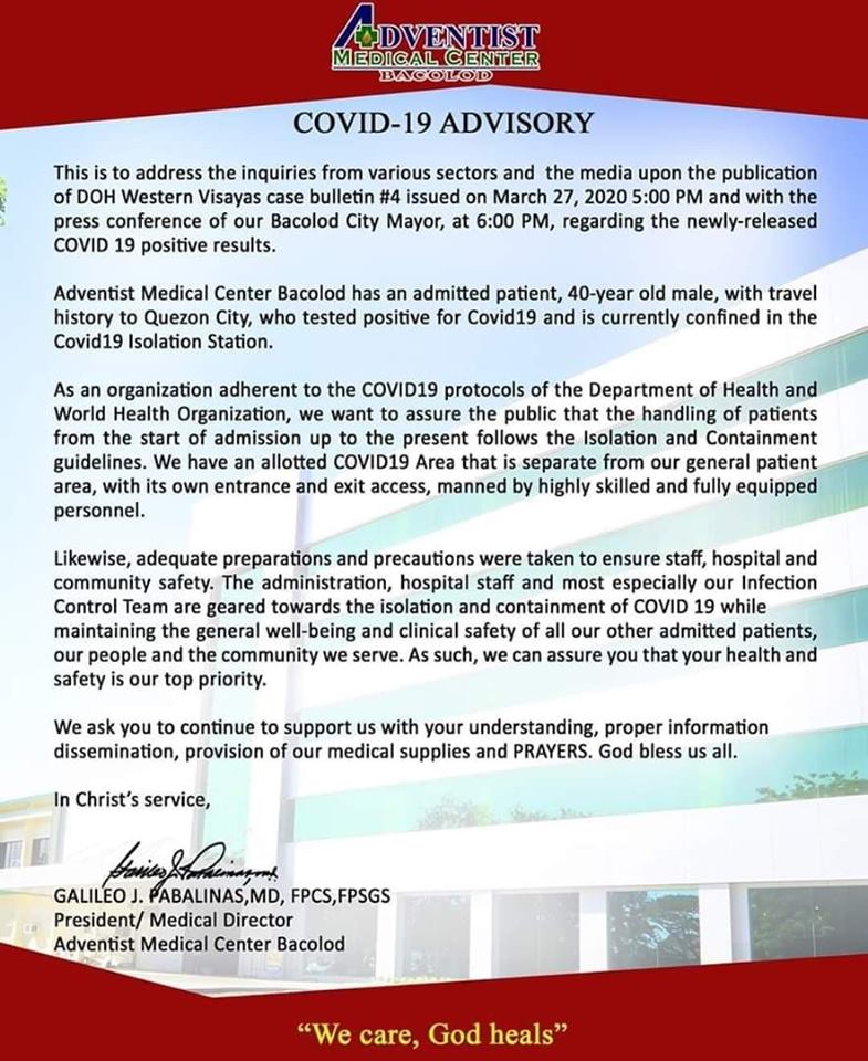 Official statement of BAMC hospital president on COVID19 Advisory-2. | Photo from Adventist Medical Center - Bacolod FB page