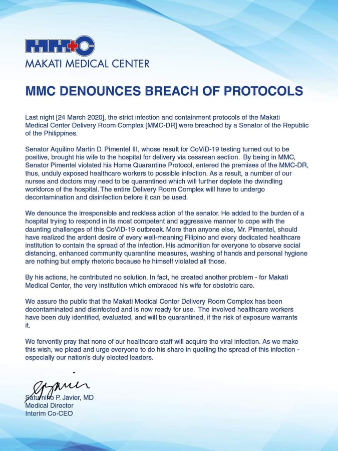 The official statement of Makati Medical Center denouncing the actions of Senator Koko Pimentel. | Photo from Makati Medical Center facebook page.