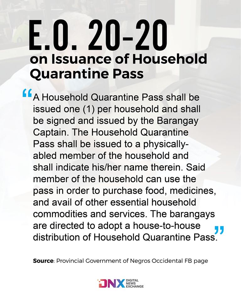 Section 5 of E.O. 20-20 on the issuance of Household Quarantine Pass to be distributed by barangays. |  Graphic by Richard D. Meriveles