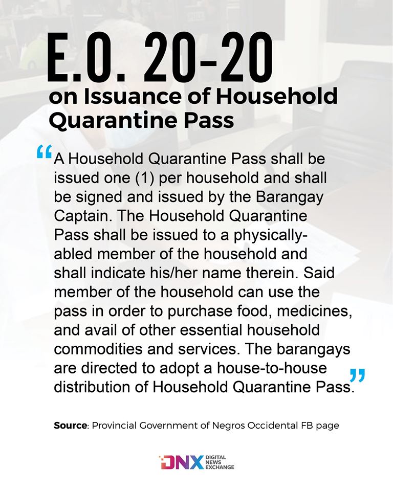 Section 5 of E.O. 20-20 on the issuance of Household Quarantine Pass to be distributed by barangays. | Graphic by Richard D. Meriveles