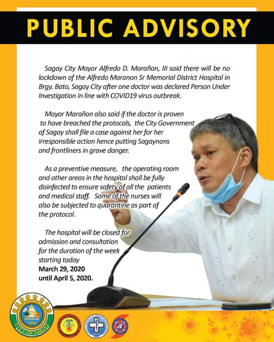 Sagay City Mayor Alfredo D. Marañon, III public advisory regarding the temporary closure of Alfredo E. Marañon, Sr. Memorial District Hospital. | Photo from I love Sagay FB page.