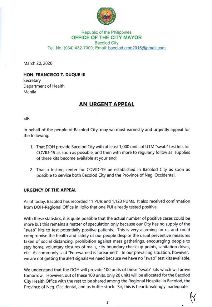 Letter of the City Mayor's Office urging for more test kits and a testing facility. | Photo from Bacolod City PIO