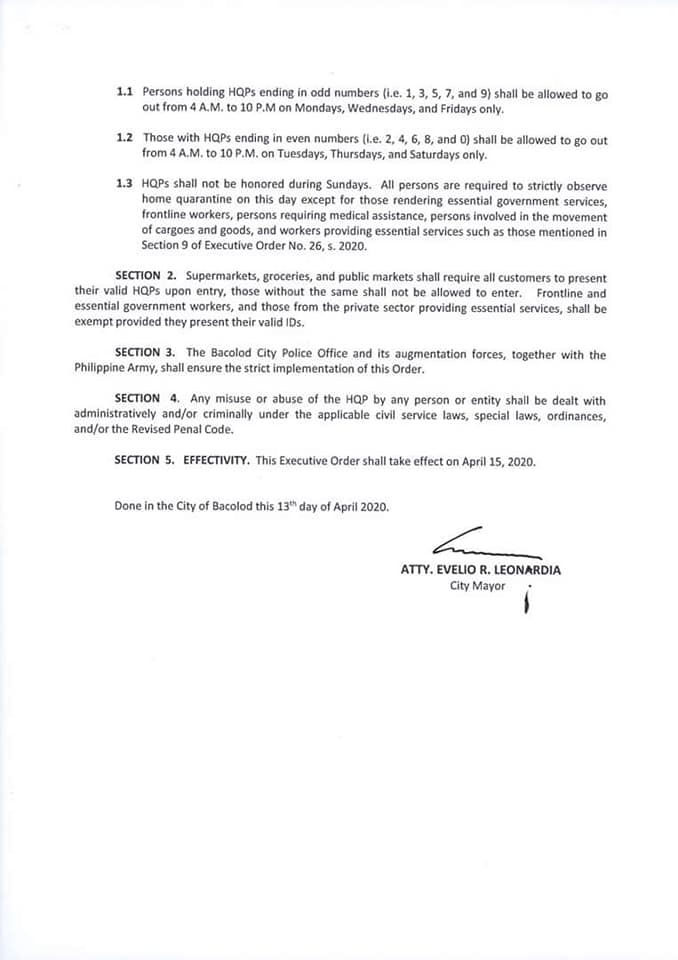 Executive Order No. 30 imposing a number coding scheme on the use of Home Quarantine Passes p2