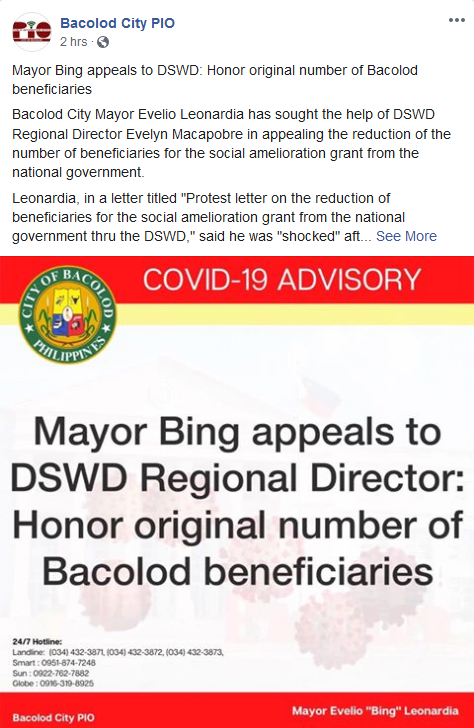 PIO Bacolod Mayor Bing appeals to DSWD
