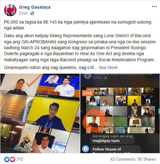 Screengrab from Cong. Greg Gasataya's FB account.