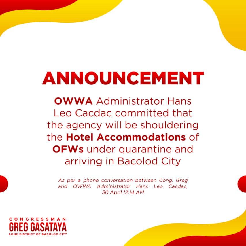 cong greg announces re OWWA