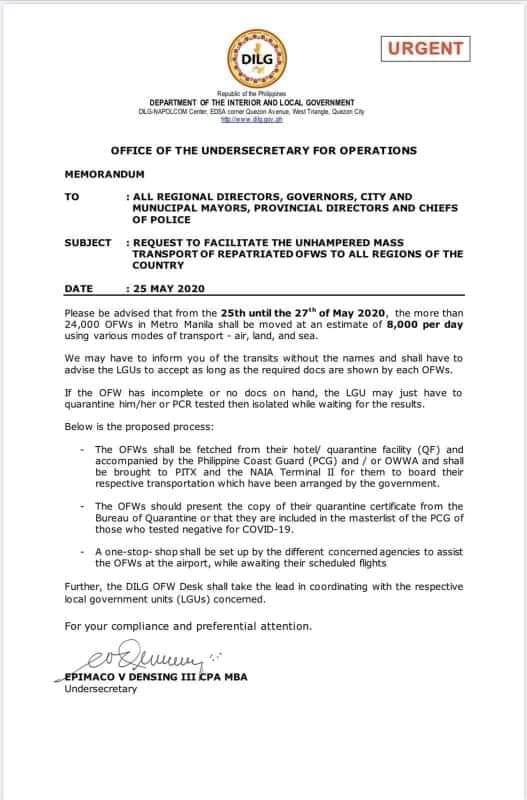 312 more ofws arriving tonight 3 DILG letter from Epimaco Dansing
