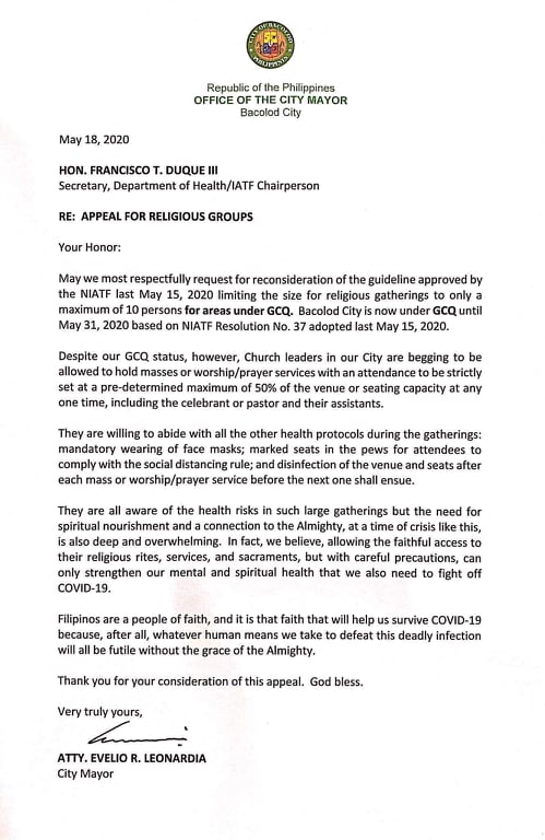 bing seeks doh permission to allow religious gatherings to maximum of 50 percent of building capacity 1 Letter to Duque