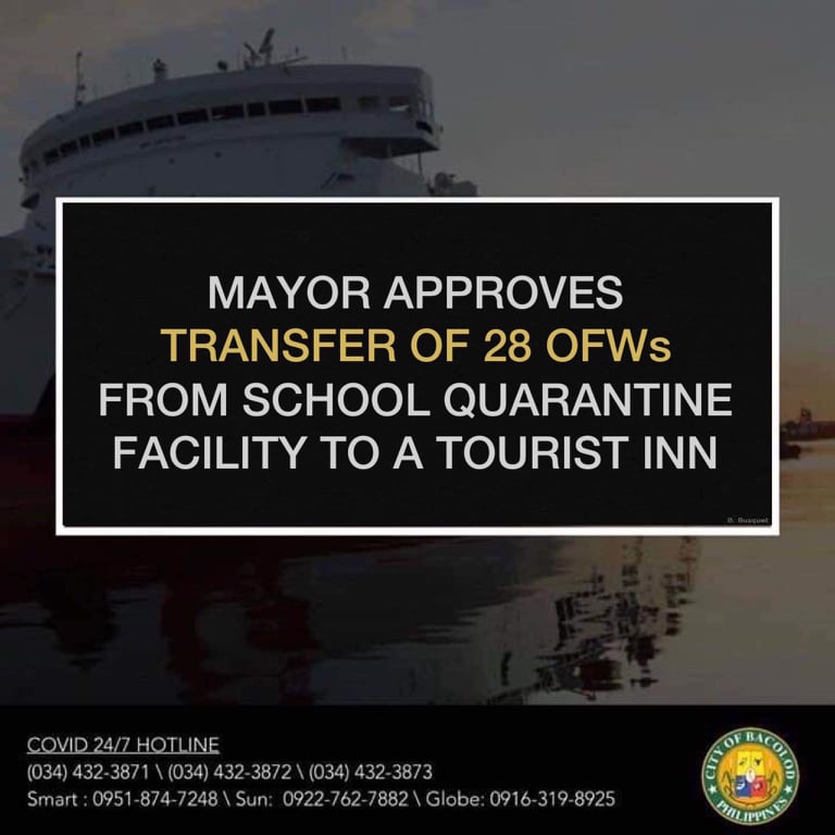 28 ofws's transfer to a tourist inn tomorrow; swab specimens to be sent to biolab for further tests 1 mayor approves
