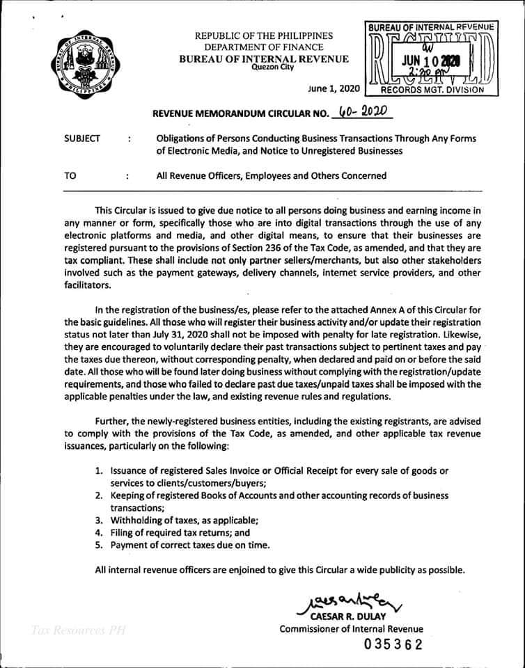 Memo circular of BIR directing online sellers to register, with deadline on end of July next month.