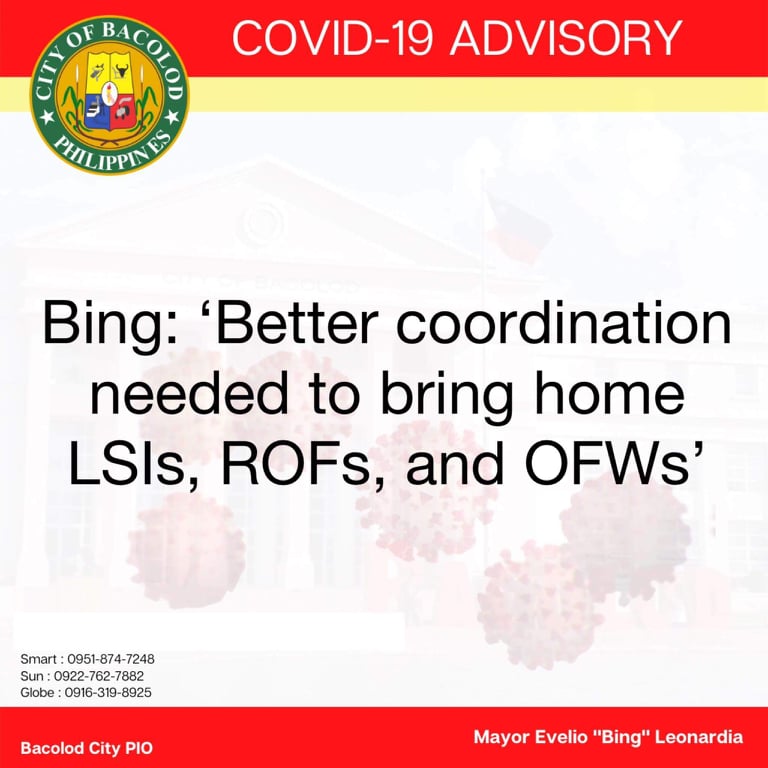 Mayor Evelio Leonardia appealed for better coordination between national government agencies and local government units regarding the return of locally stranded individuals (LSIs), returning overseas Filipinos (ROFs), and Overseas Filipino Workers (OFWs), during an online consultation meeting hosted by the Department of National Defense today [June 5]. 