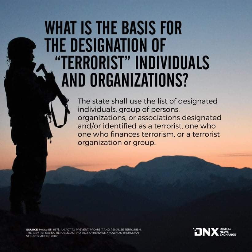 what is in house bill 6875, otherwise known as the anti-terrorism bill? 3 The Anti-Terrorism Council will automatically adopt the United Nations Security Council Consolidated List of designated individuals, group of persons, organizations, or associations designated and/or identified as a terrorist, one who finances terrorism, or a terrorist organization or group.
