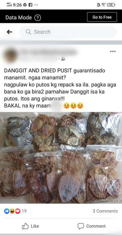 Sample of post of by an online seller: dried pusit and fish. Photo taken with permission from an online seller's Facebook page.