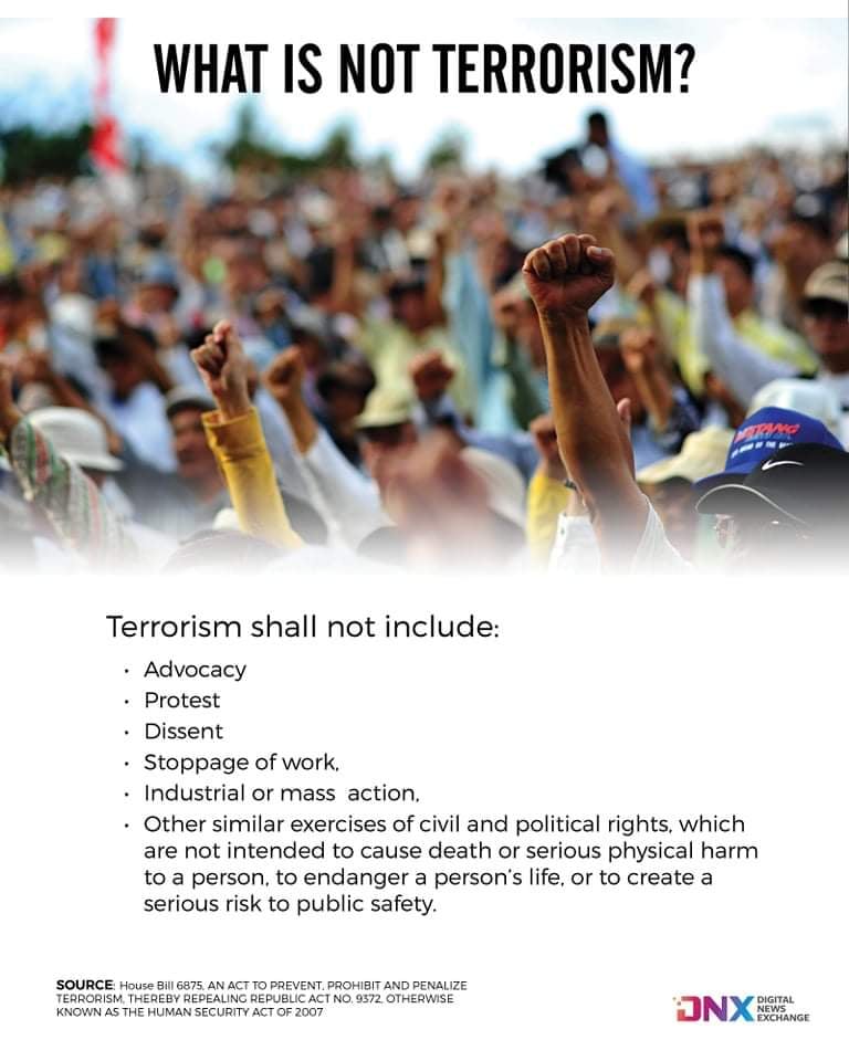 what is in house bill 6875, otherwise known as the anti-terrorism bill? 2 Terrorism shall not include: Advocacy, Protest, Dissent,
Stoppage of work, Industrial or mass action, Other similar exercises of civil and political rights, which are not intended to cause death or serious physical harm to a person, to endanger a person’s life, or to create a serious risk to public safety.