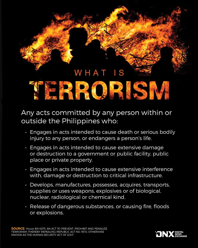Any acts committed by any person within or outside the Philippines who: Engages in acts intended to cause death or serious bodily injury to any person, or endangers a person’s life.
Engages in acts intended to cause extensive damage or destruction to a government or public facility, public place or private property.
Engages in acts intended to cause extensive interference with, damage or destruction to critical infrastructure.
Develops, manufactures, possesses, acquires, transports, supplies or uses weapons, explosives or of biological, nuclear, radiological or chemical kind.
Release of dangerous substances, or causing fire, floods or explosions.