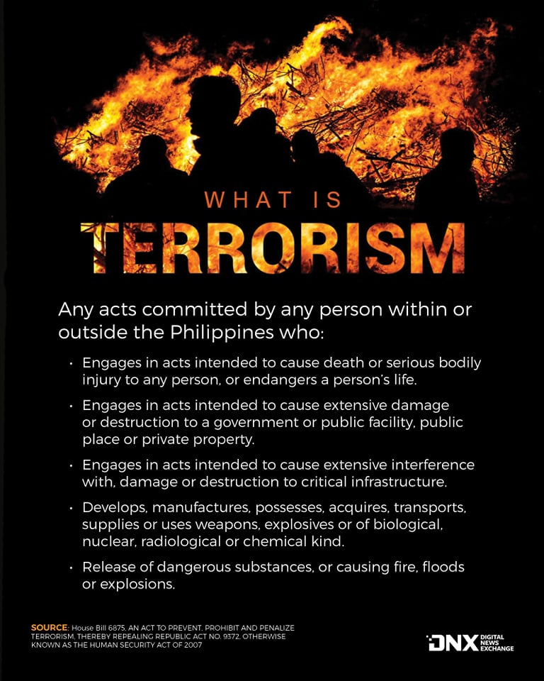 what is in house bill 6875, otherwise known as the anti-terrorism bill? 1 Any acts committed by any person within or outside the Philippines who: Engages in acts intended to cause death or serious bodily injury to any person, or endangers a person’s life.
Engages in acts intended to cause extensive damage or destruction to a government or public facility, public place or private property.
Engages in acts intended to cause extensive interference with, damage or destruction to critical infrastructure.
Develops, manufactures, possesses, acquires, transports, supplies or uses weapons, explosives or of biological, nuclear, radiological or chemical kind.
Release of dangerous substances, or causing fire, floods or explosions.