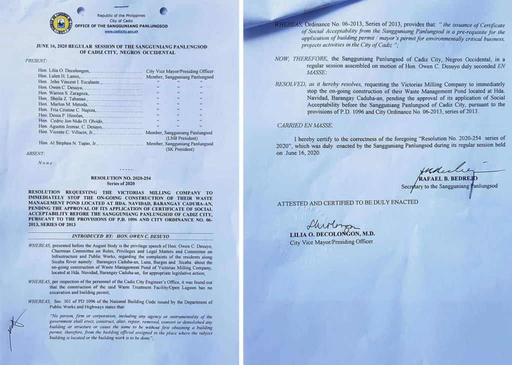The resolution passed by the Cadiz city council. | Photos courtesy of Rodel Evidente