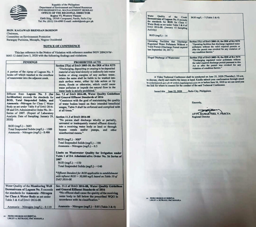 The notice of conference issued by the EMB regional director and the findings of the body that found violations committed by Vicmico. | Photos courtesy of Rodel Evidente